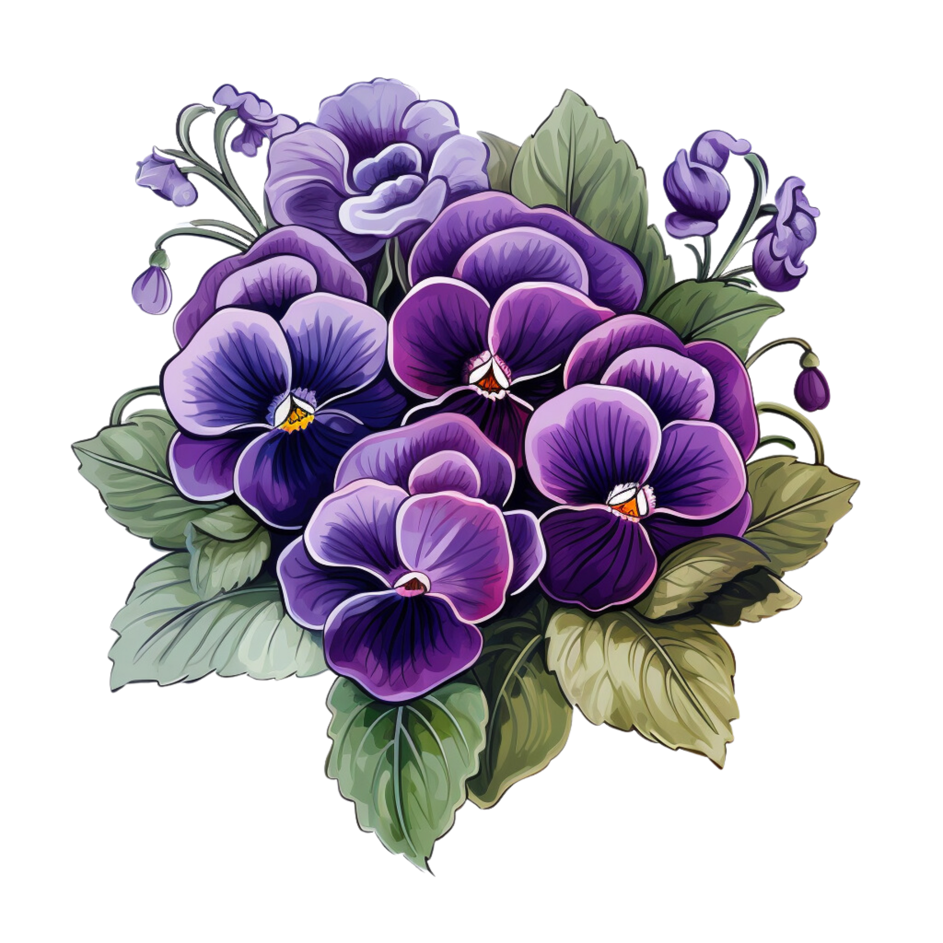 a painting of purple flowers with green leaves