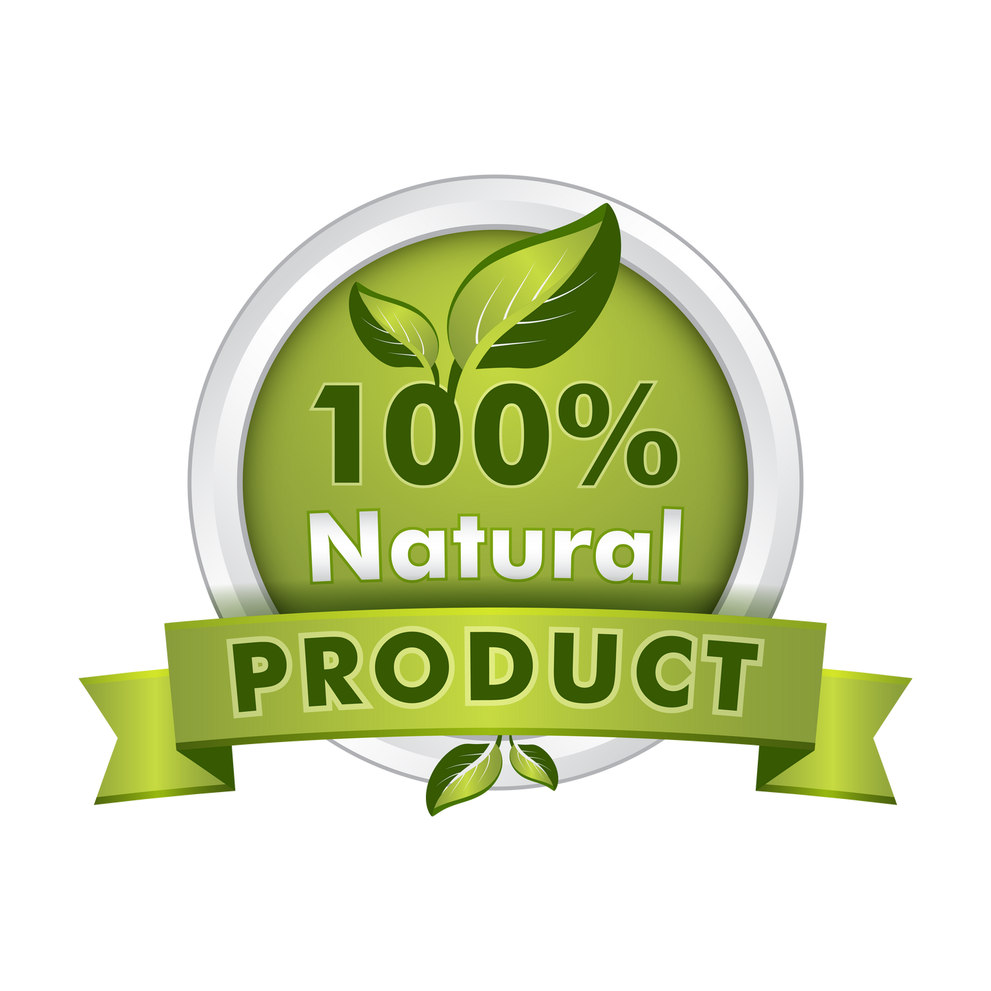 a badge with a green leaf and the words 100 % natural product